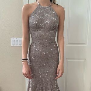 Beautiful taupe backless fishtail gown